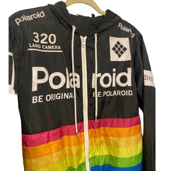 Polaroid Black Full Zip Windbreaker Full Zip Hooded Jacket Size Small - Picture 2 of 8